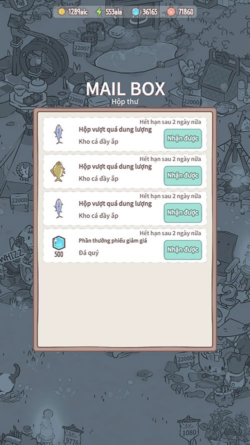 Phần thưởng được gửi vào Mail Box trong game