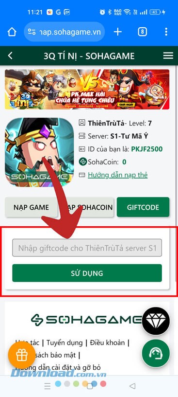 Nhập một trong những mã code