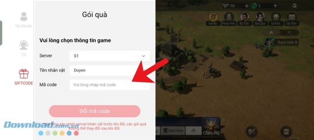 Nhập mã code ở phía bên trên, rồi chạm vào nút Đổi mã code