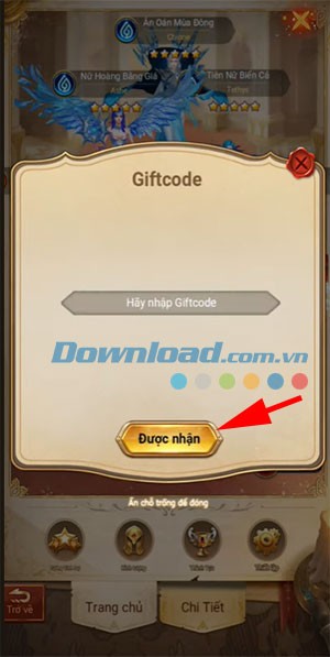 Nhập mã quà và ấn Được nhận