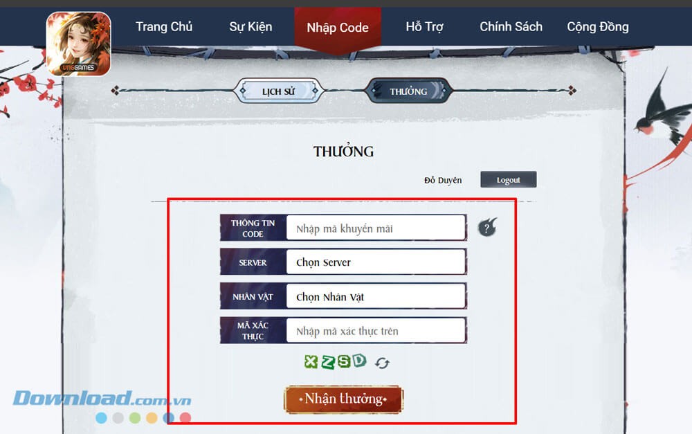 Nhập mã code, nhấn vào nút Nhận Thưởng