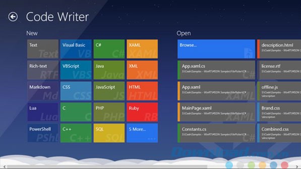 Giao diện ứng dụng Code Writer cho Windows 8
