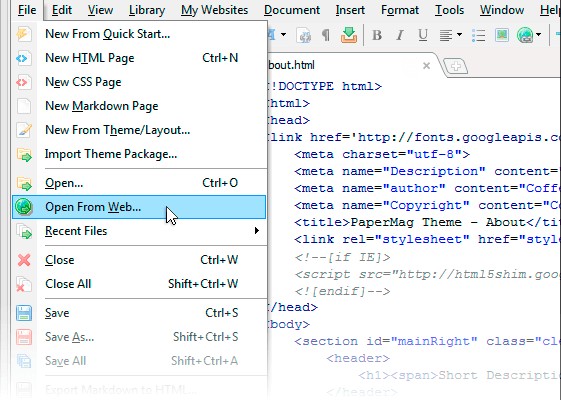 Bắt đầu nhanh công việc bằng CoffeeCup HTML Editor