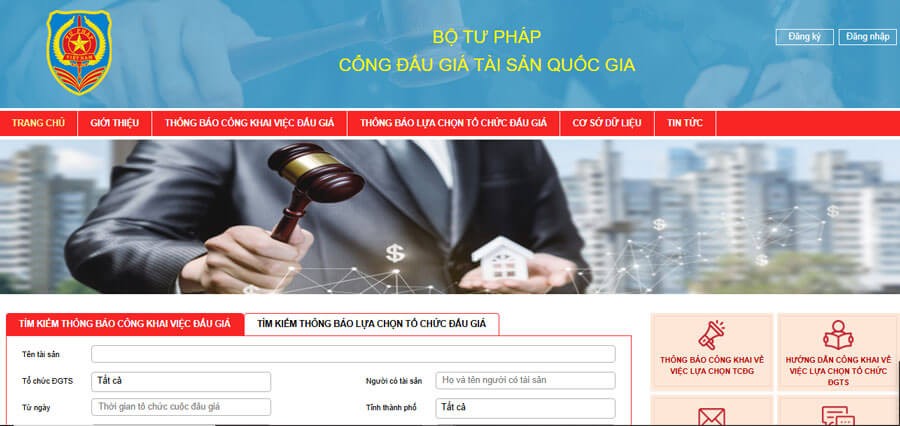Giao diện trang chủ Cổng Đấu giá tài sản quốc gia