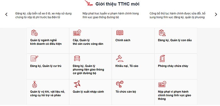 Giao diện Dịch vụ công trực tuyến Bộ Công An