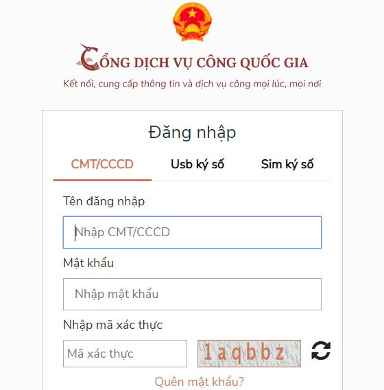 Đăng nhập tài khoản trên Cổng Dịch vụ công Quốc gia