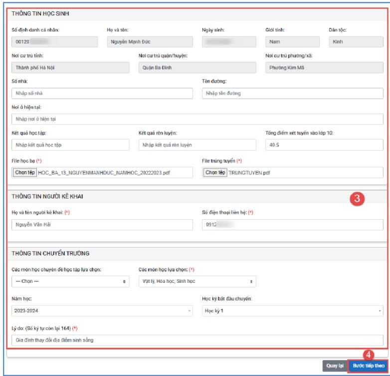 Điền đầu đủ thông tin