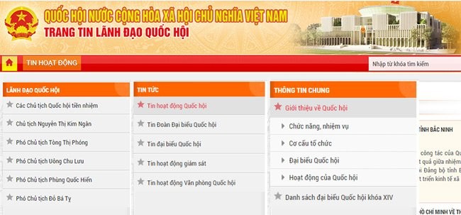 Các nội dung của Cổng thông tin điện tử Quốc Hội