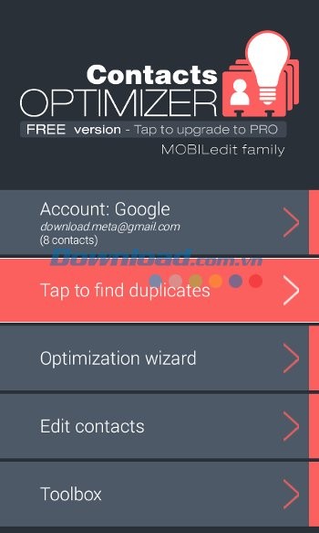 Giao diện ứng dụng Contacts Optimizer cho Android