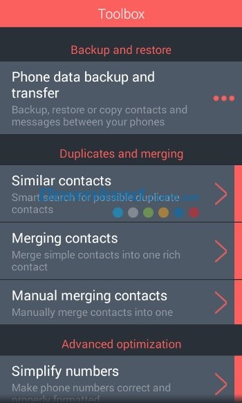 Hộp Tool Box của Contacts Optimizer cho Android
