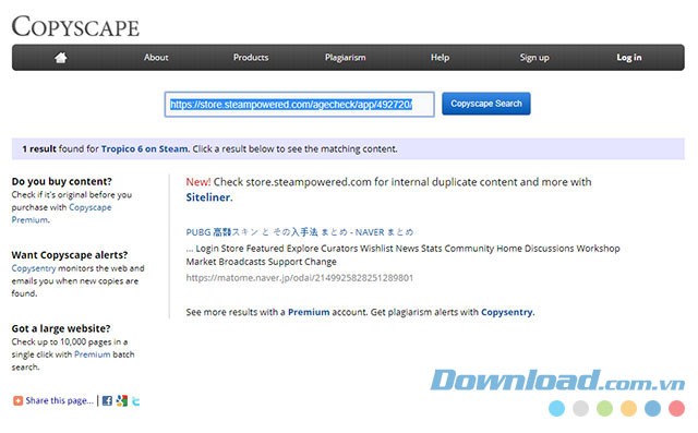 Kết quả kiểm tra nguồn gốc bài viết trên website