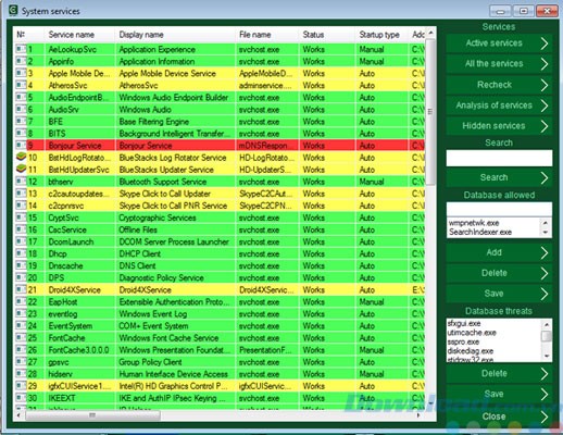 Hiển thị các dịch vụ đang chạy