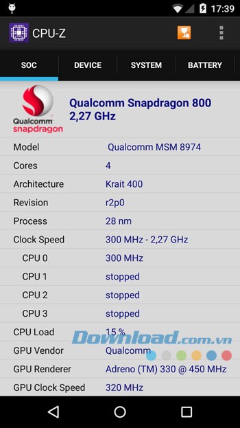 Giao diện ứng dụng CPU-Z trên Android