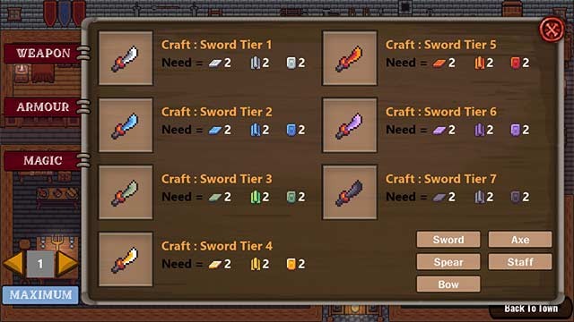 Lối chơi của Crafting Town tập trung vào chế tạo vũ khí, áo giáp, công cụ và xây dựng công trình