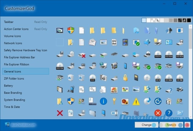 Giao diện phần mềm cá nhân hóa hệ thống CustomizerGod cho Windows