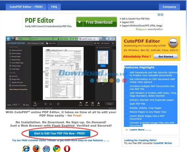 Giao diện web PDF CutePDF Editor