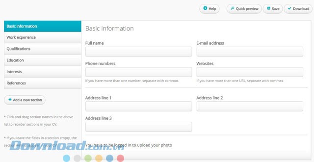 Giao diện ứng dụng CV Maker Online