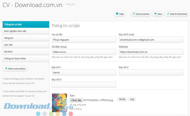 Điền thông tin vào các mục trong CV