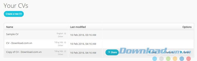 Danh mục CV của người dùng