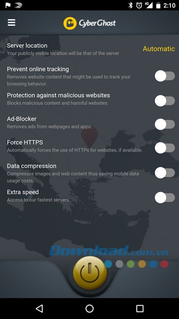 Giao diện sử dụng ứng dụng CyberGhost trên Android