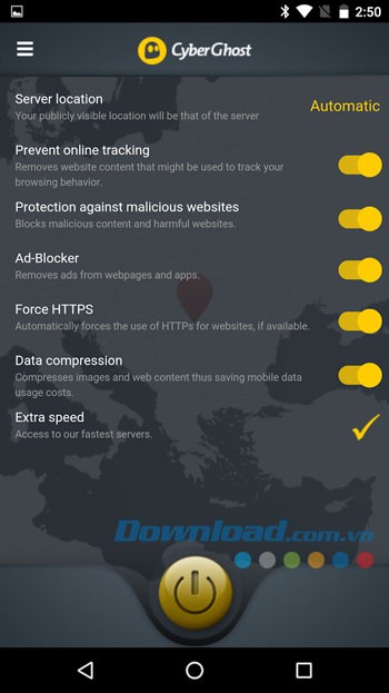 Giao diện sử dụng ứng dụng CyberGhost trên Android