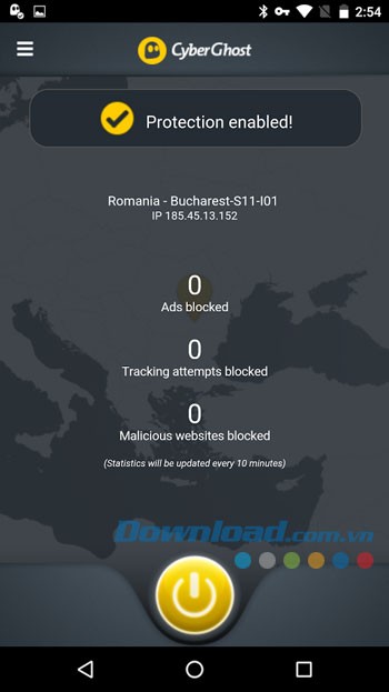 Giao diện sử dụng ứng dụng CyberGhost trên Android