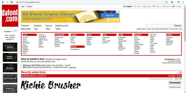 Giao diện thư viện font chữ miễn phí - DaFont