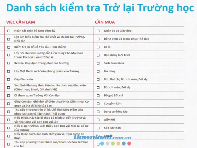 Danh sách kiểm tra trở lại trường học