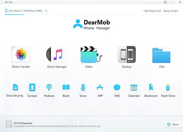 Giao diện chính của phần mềm quản lý dữ liệu iOS trên máy tính - DearMob iPhone Manager