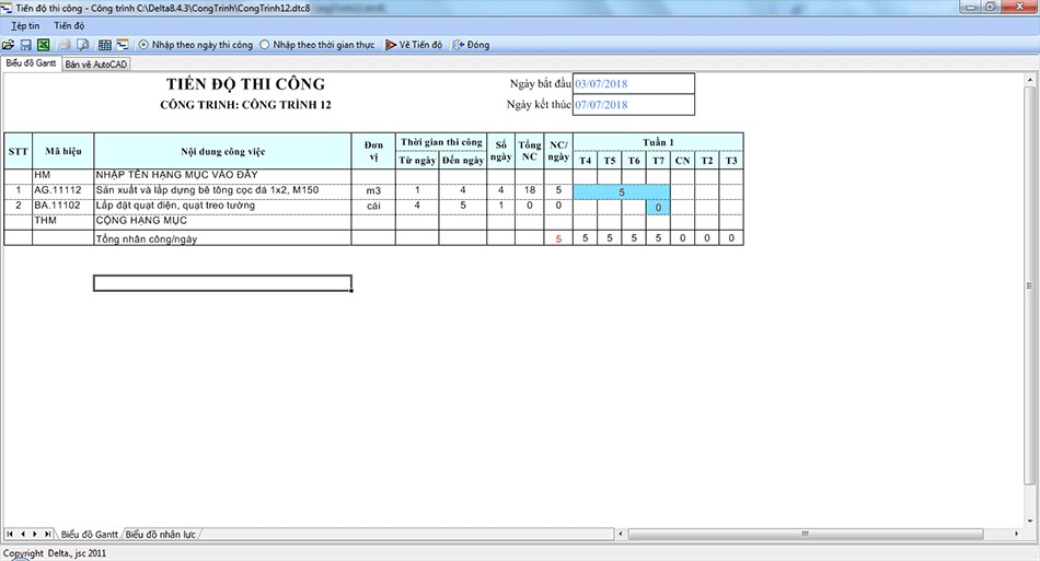 Tiến độ thi công vẽ theo biểu đồ ngang, hiển thị trong excel và Autocad