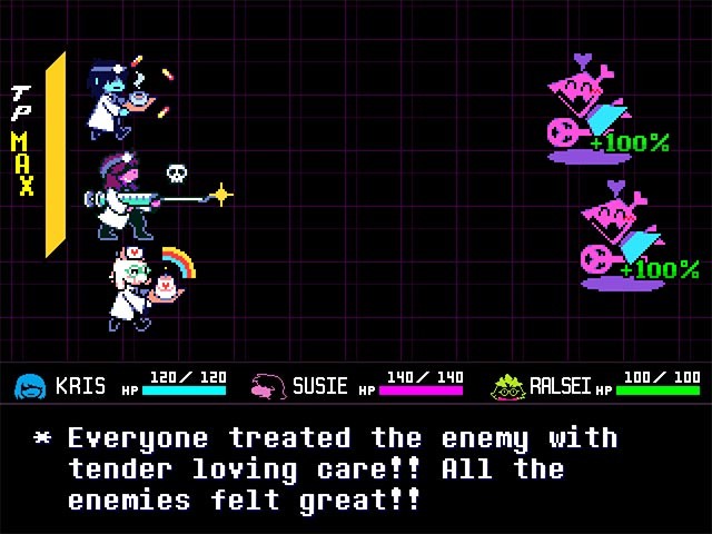 Hệ thống chiến đấu của Deltarune dạng theo lượt, với góc nhìn top-down quen thuộc