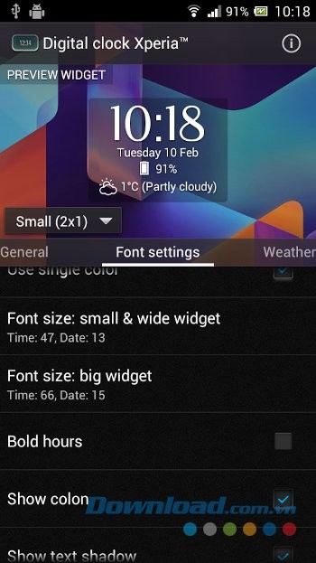 Thay đổi các cài đặt font chữ widget trên Digital Clock Widget Xperia