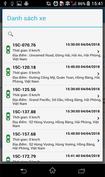 Giao diện Danh sách xe trên Định Vị Bách Khoa