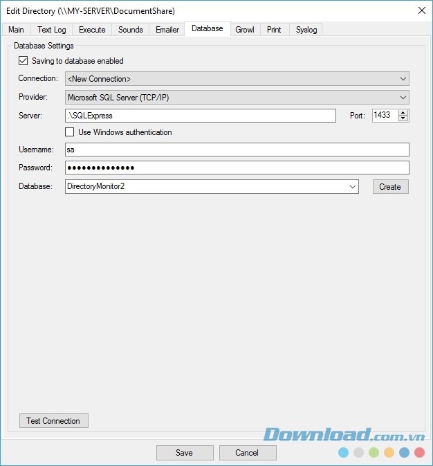 Directory Monitor hỗ trợ lưu cơ sở dữ liệu