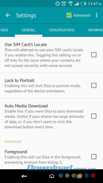 Menu cài đặt của Disa