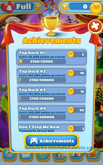 Bảng thành tựu trong game Disco Ducks