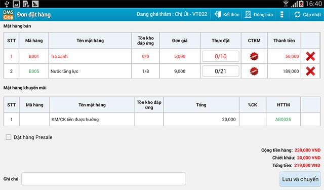 Giao diện đơn đặt hàng trên DMS ONE
