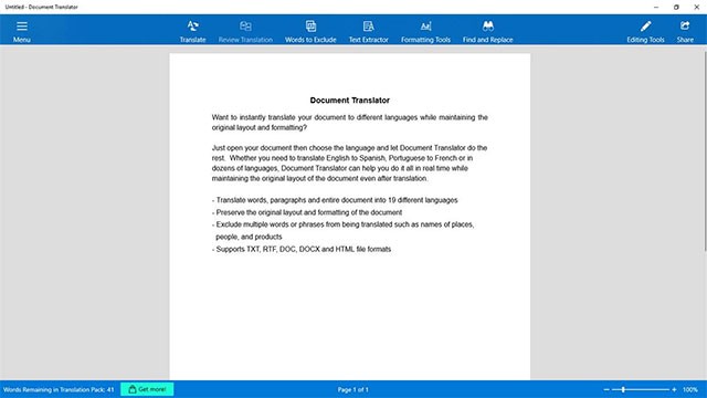 Giao diện chính của ứng dụng Document Translator