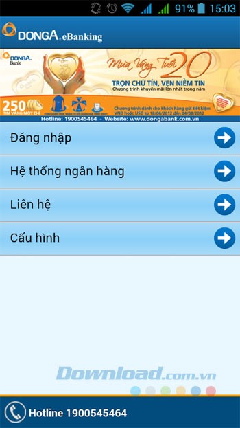 Giao diện chính DongA Internet Banking