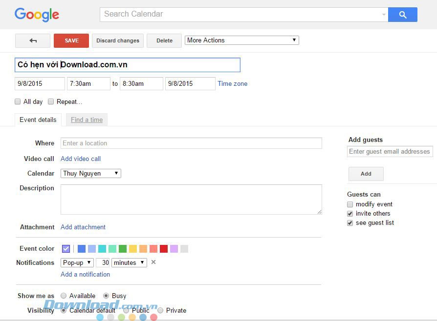 Thêm sự kiện mới với Google Calendar