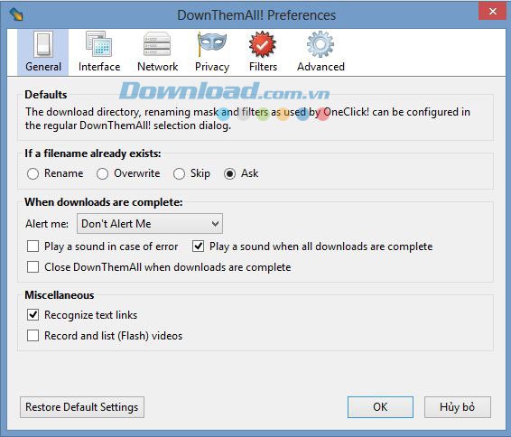 Các cài đặt khác trong DownloadThemAll