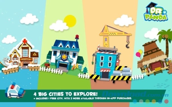Dr. Panda Toy Cars Free cho Android có tới 4 thành phố rộng lớn để bé khám phá