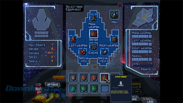 Tùy chỉnh trang thiết bị trong lúc chơi game bắn súng không gian DreadStar: The Quest for Revenge Demo