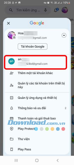 đổi sang tài khoản Google mới trên Google Play