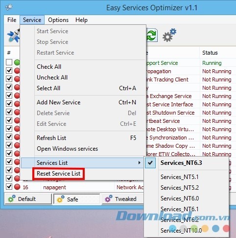 Lấy lại danh sách dịch vụ hệ thống mặc định