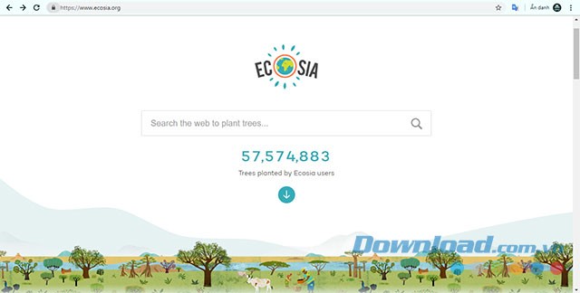 Giao diện chính của công cụ tìm kiếm Ecosia