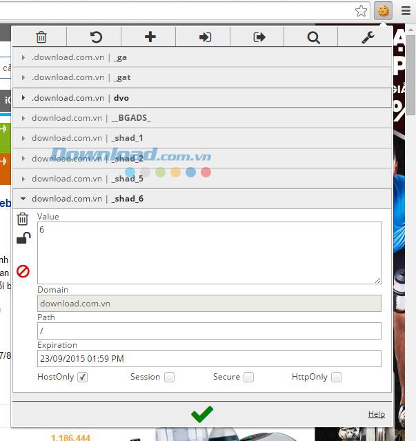 Danh sách cookie hiện có với công cụ EditThisCookie