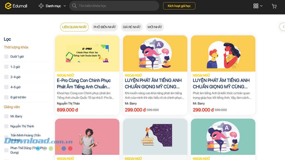 Hệ thống khóa học tại Edumall vô cùng đa dạng với nhiều chủ đề