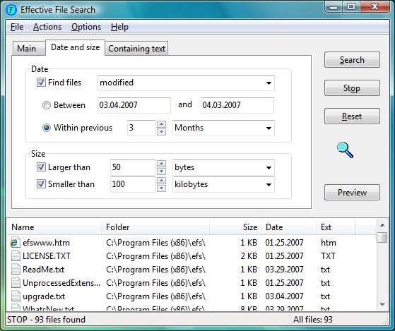 Tìm kiếm linh hoạt theo thời gian và kích thước file