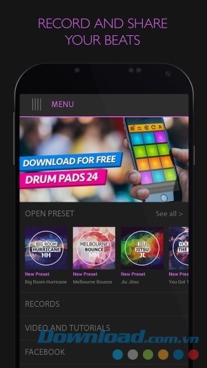 Electro Drum Pads 24 cho Android có tính năng ghi âm
